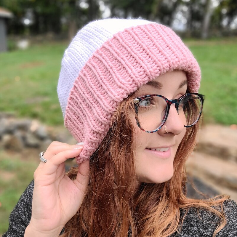 Two-Toned Folded Brim Pink and White Slouchy Knit Beanie